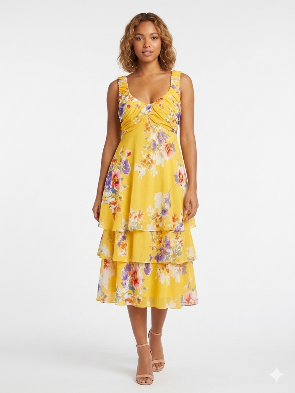 Floral Tiered Yellow Midi Dress with Scoop Neck